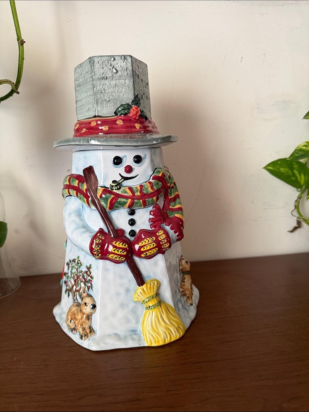 Holiday Snowman Ceramic Cookie Jar- Red & Green